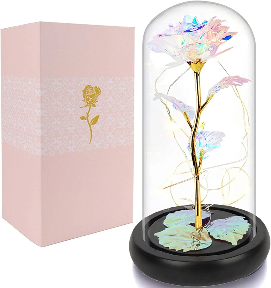 3 Colori - Rosa eterna a cloche con luci a LED per San Valentino con coperchio in vetro color oro - immagine 7