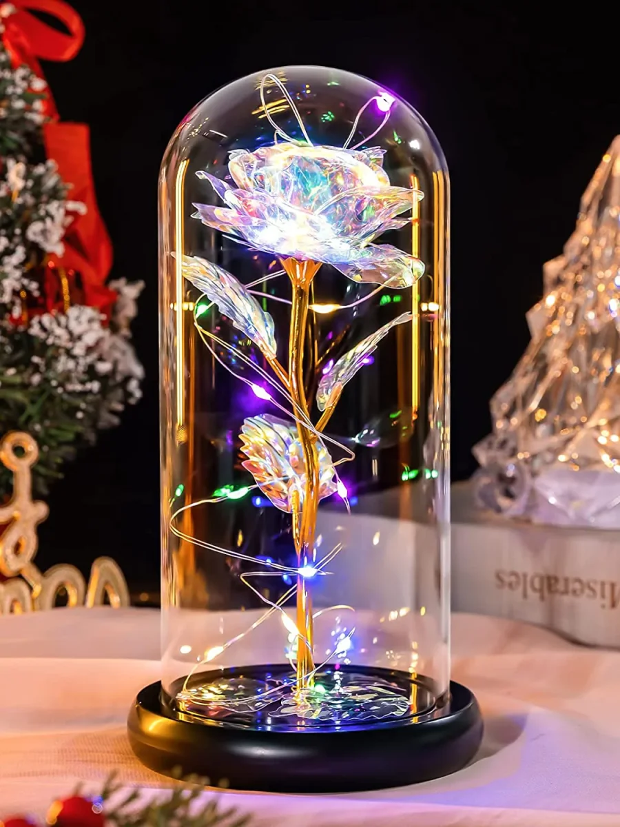 3 Colori - Rosa eterna a cloche con luci a LED per San Valentino con coperchio in vetro color oro - immagine 9
