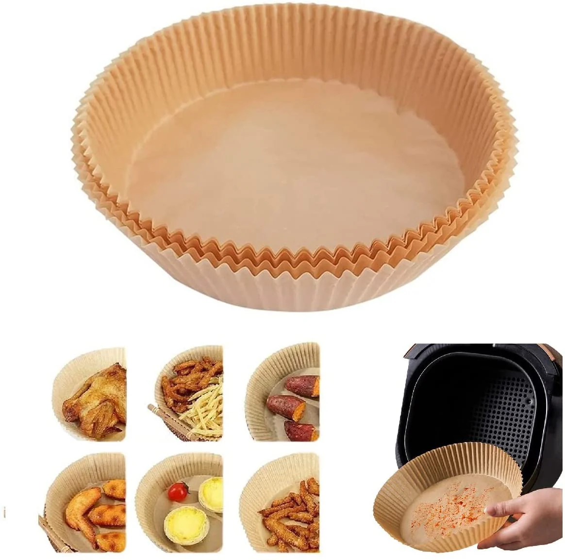 50-100-200 pz Fodere per forno in carta rotonda carta pergamena per friggitrice ad aria carta forno per friggitrice ad aria fodere friggitrice ad aria monouso antiaderenti - immagine 2