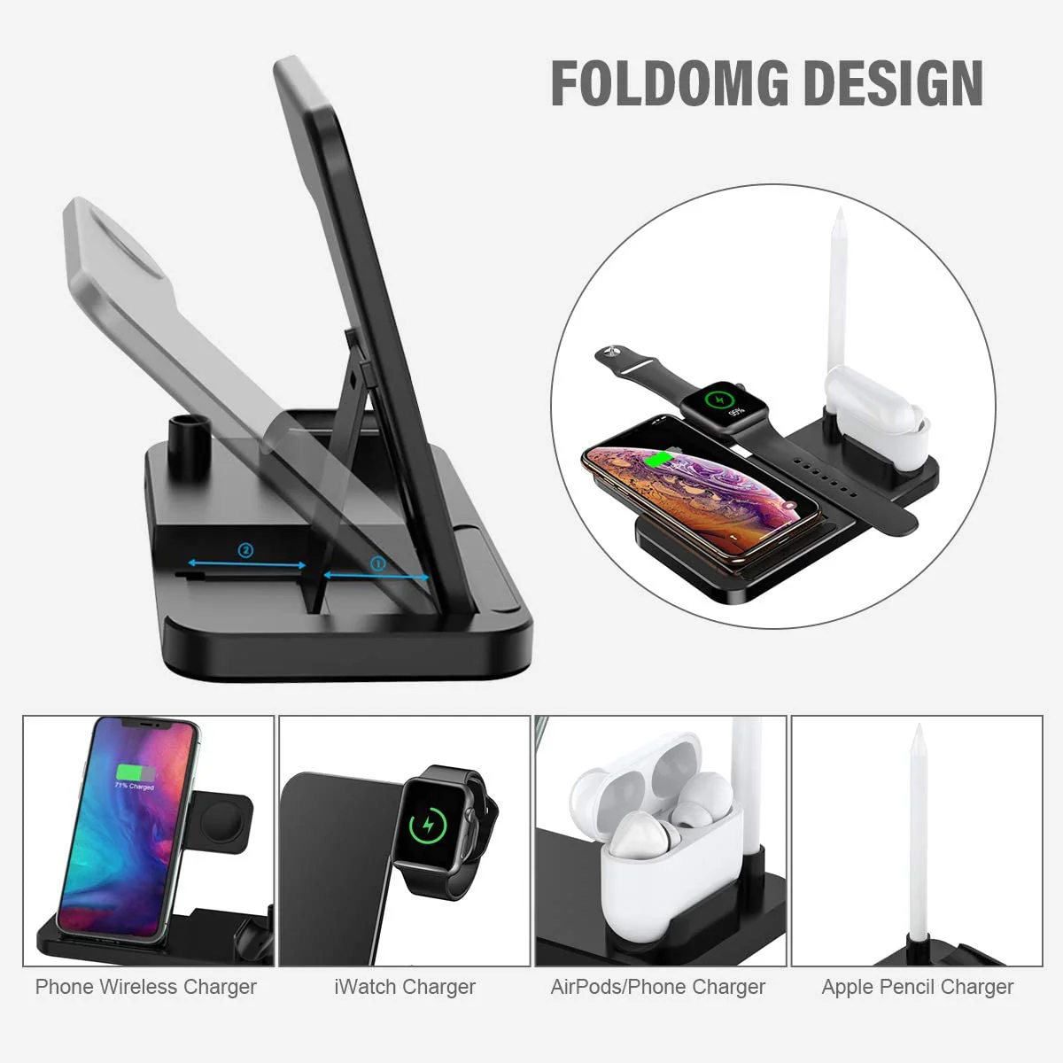 4 in 1 Caricatore Wireless Caricabatterie Supporto di Ricarica Docking - immagine 6