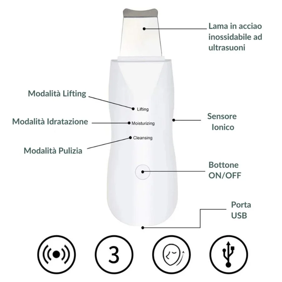 Spatola Sonic Skin Scrubber per pulizia del viso 3 funzioni Rimozione di punti neri Estrattore di brufoli Raschietto Detergente per pori - immagine 3