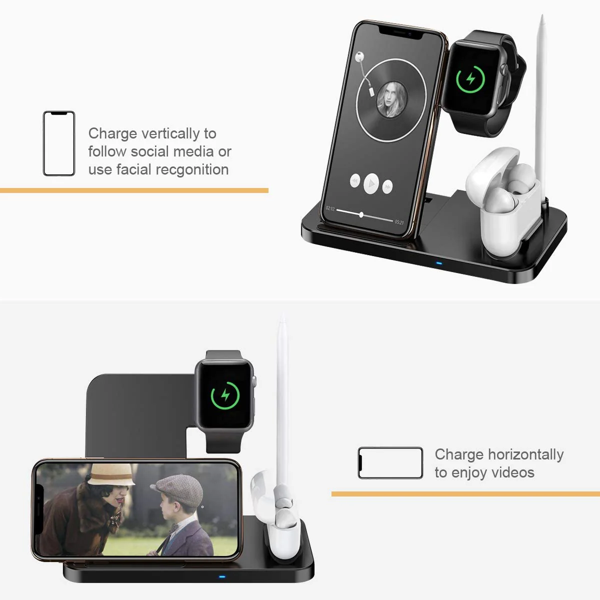 4 in 1 Caricatore Wireless Caricabatterie Supporto di Ricarica Docking - immagine 3